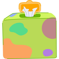 Cartoon Tissue Box With Orange Top Green Body And Colorful Polka Dots White Tissues Emerging From Opening Isolated On Transparent Background