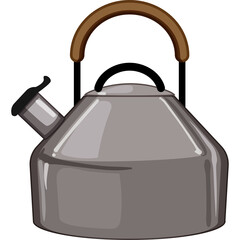Cartoon Kettle With Wooden Handle Kitchenware For Boiling Water Illustration On Transparent Background