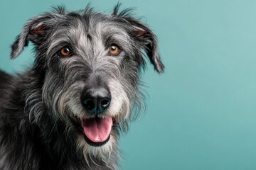 irish wolfhound dog while standing against pastel teal background