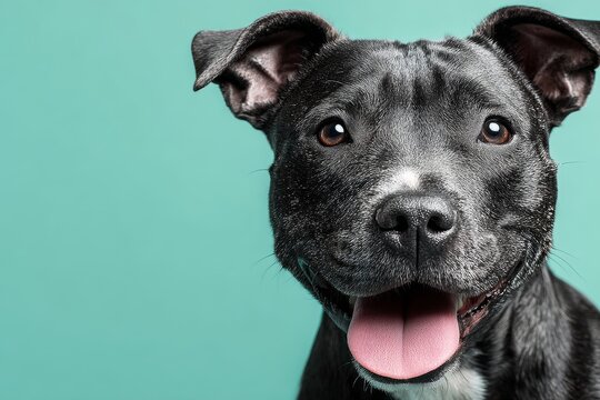 staffordshire bull terrier while standing against pastel teal background