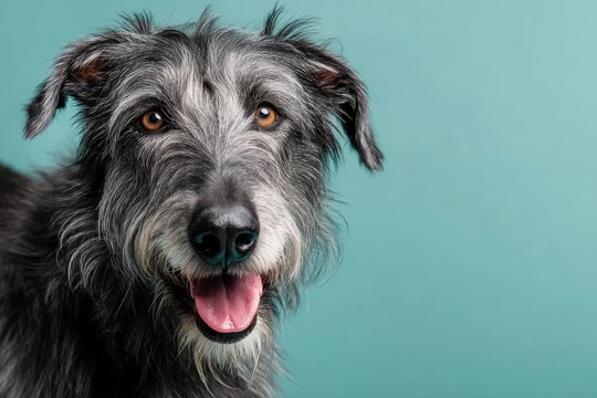 irish wolfhound dog while standing against pastel teal background