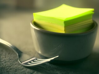 Conceptual Image of Neon Yellow Sticky Notes Served in a Bowl Next to a Fork Representing Ideas as Food, overworking, break, creativity