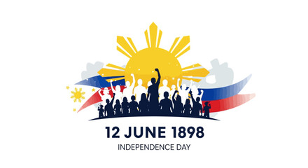 Philippines Independence Day celebration with people silhouettes and national flag.