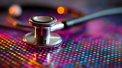 Closeup of a stethoscope on a colorful, abstract digital background.