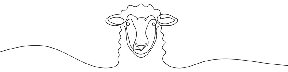 Sheep head in one line art style. Drawing of a sheep face with characteristic curly wool with editable black stroke on a white background. Vector illustration. © Erik