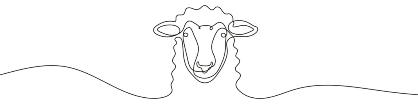 Sheep head in one line art style. Drawing of a sheep face with characteristic curly wool with editable black stroke on a white background. Vector illustration.