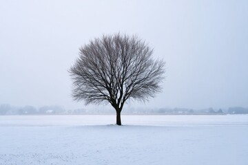 Leafless tree standing alone in a snowy winter landscape