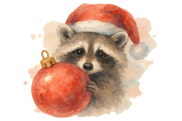 Naklejka premium Raccoon wearing a santa hat and holding a red christmas ornament, watercolor illustration for festive winter holidays