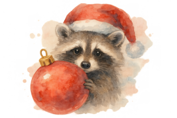 Raccoon wearing a santa hat and holding a red christmas ornament, watercolor illustration for festive winter holidays