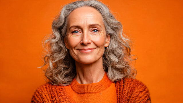 Femme avec des cheveux gris souriante, photo de studio sur fond orange