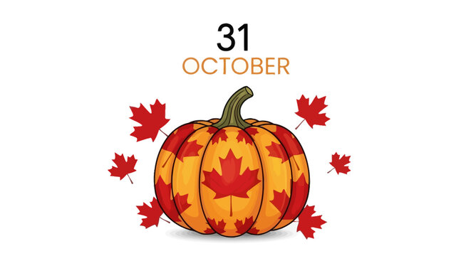 Halloween Pumpkin with Canadian Maple Leaves and October 31st Date.
