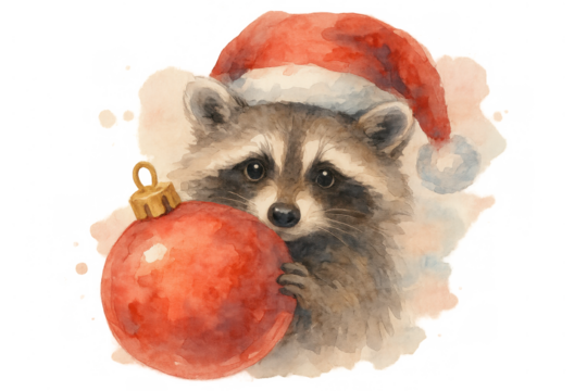 Raccoon wearing a santa hat and holding a red christmas ornament, watercolor illustration for festive winter holidays - Powered by Adobe