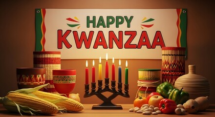 Happy kwanzaa celebration with lit candles, traditional items, and fresh produce