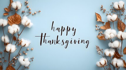 Cotton flowers and brown leaves encircle “Happy Thanksgiving” on soft blue, high-res mockup frame with clean blank space, elegant top-down autumn template ready for seasonal promo text.