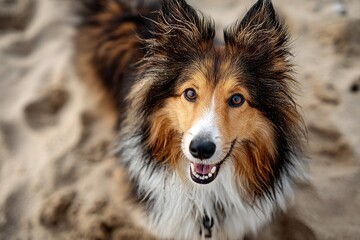 shetland sheepdog isolated in sandy beach background