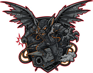 Cartoonish bat-like creature with wings, riding a security camera.