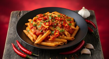 Spicy penne pasta in tomato chili sauce with herbs