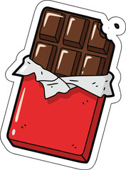 Cartoon chocolate bar sticker design, sweet candy illustration with wrapper, fun dessert graphic, tasty snack icon for kids and food themes