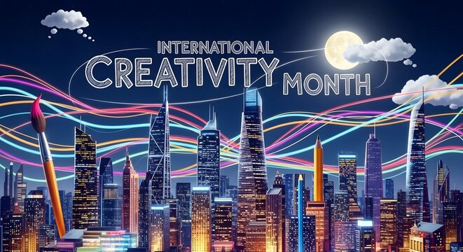 International creativity month celebrated with colorful lights and a paintbrush over a cityscape at night, symbolizing imagination and art