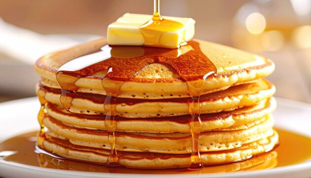 Golden Brown Stack Of Pancakes Drizzled With Maple Syrup And Topped With Butter On A White Plate In Soft Morning Light