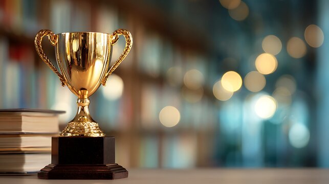 Golden trophy on a stack of books with blurred background.