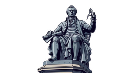 Statue of a man holding a compass seated on a pedestal.
