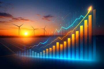 Wind turbines and rising graph at sunset