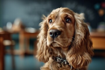 cocker spaniel in lively classroom background
