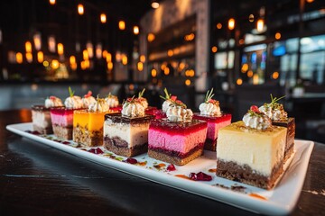 カラフルな赤とピンクのミニチュアショートケーキが乗った白い皿