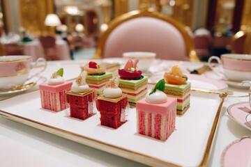 カラフルな赤とピンクのミニチュアショートケーキが乗った白い皿