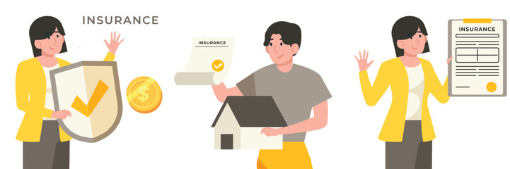 Flat Illustration Agents discussing insurance plan with house and health coverage icons. Property protection concept.