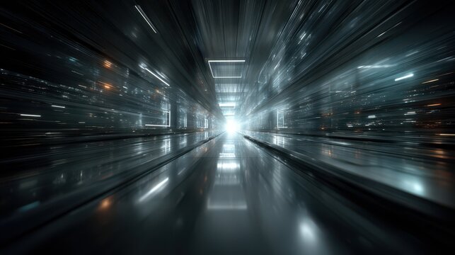 Abstract dark tunnel with glowing light at the end, representing futuristic technology, science fiction, or digital transformation