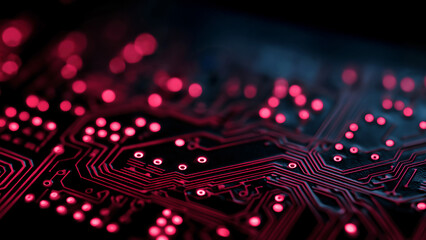 Close-up of a glowing red circuit board pattern, highlighting electronic connections and digital pathways for technology, IT, and futuristic system design.