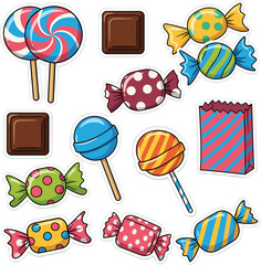 Colorful candy and lollipop sticker set, cute sweet treats cartoon collection, fun confectionery icons for kids, party design and packaging themes