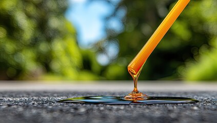 Orange liquid being poured onto asphalt road surface, close-up view.