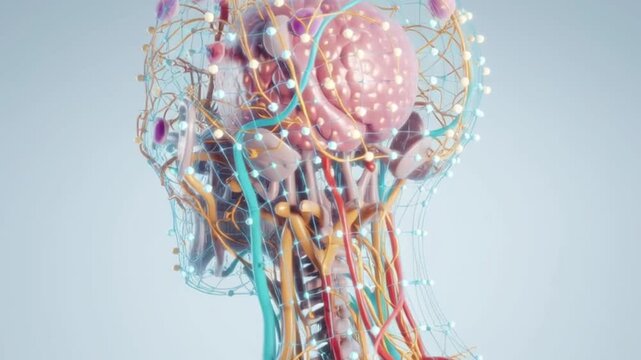 Human lymphatic system anatomy model head neck nerves blood vessels lymph nodes transparent medical illustration educational scientific healthcare anatomical visualization detailed realistic 3D