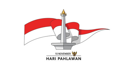 Indonesian Heroes Day Monument and Flag Illustration.