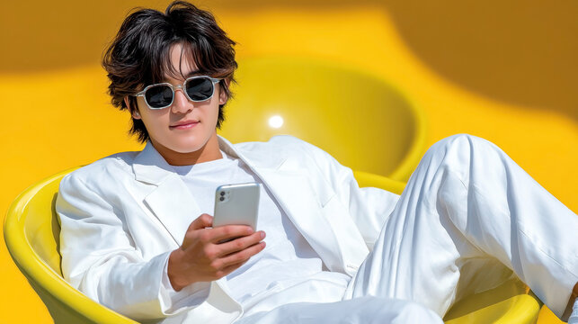 Young Korean man in white outfit reclining in a yellow chair and using smartphone. Confident and relaxed look of social media influencer and blogger lifestyle.