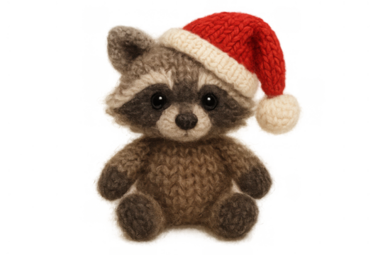 Christmas raccoon toy wearing a red santa hat, handmade knitted animal plushie for holiday decorations, transparent background