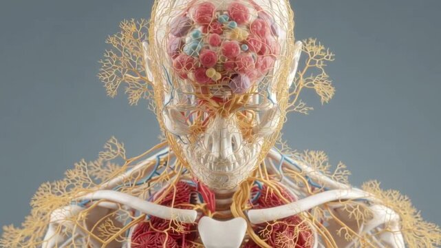 Human lymphatic system anatomy visualization with detailed nerves, lymph nodes, vessels, and organs, including brain, skull, transparent head, upper torso, medical illustration, educational