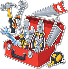 Cartoon toolbox with construction tools, wrench, hammer, saw, pliers and tape measure sticker set, DIY repair equipment and handyman illustration