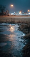 Nighttime Reflections on a Frozen Stream by City Lights.