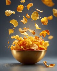Golden Bowl Filled With Crispy Potato Chips, Flying in Air.