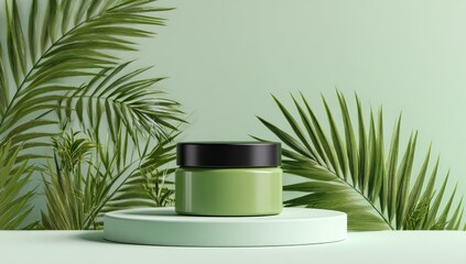 Green Cosmetic Jar on White Pedestal with Palm Leaves.
