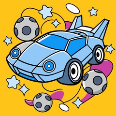 Futuristic blue sports car with soccer balls and stars on yellow background