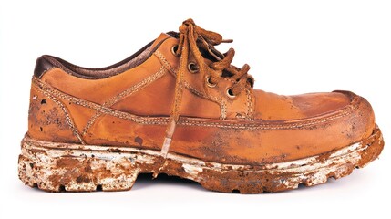白い背景に泥の染みがある使い古した革の作業靴