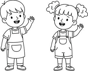 Cute cartoon boy and girl waving, happy kids illustration, black and white coloring page, children greeting vector, adorable child characters art