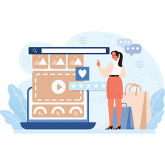 Woman Interacting With Online Content On A Laptop With Shopping Bags And Abstract Blue Shapes In The Background