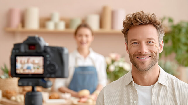 Camera operator and female model standing in bright studio before photoshoot session. Smiling people discussing setup and lighting equipment for content creation..