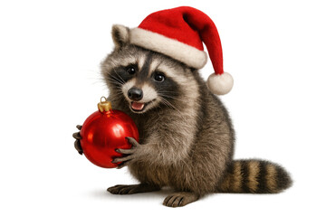 Raccoon wearing a santa hat holding a red christmas ornament, creating festive holiday animal visuals with transparent background